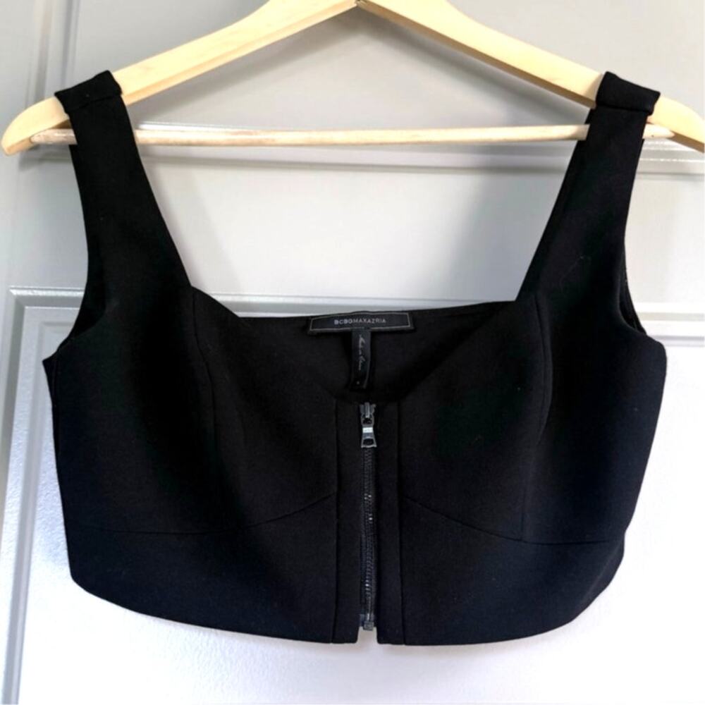 BCBGMAXAZRIA black modern structured front zip ultra cropped bustier crop top